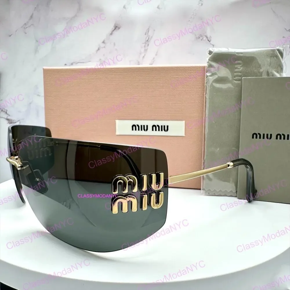 New MIU MIU Sunglasses Gold Rimless Wrap Square Oversized MIU MIU Logo Italy